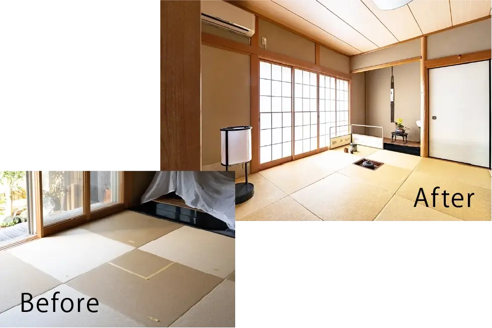 茶室リフォームのビフォーアフター。あるものは活かし予算を抑えました。